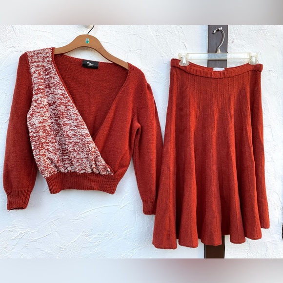 Vintage Sweaters - Vintage 70’s Sweater & Skirt Set / Hand Knit Paprika Cropped Sweater Set Medium?